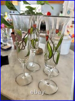 Vintage Perrier Jouet Hand Painted Crystal Champagne Flutes Set Of 4