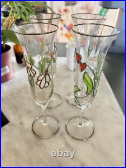 Vintage Perrier Jouet Hand Painted Crystal Champagne Flutes Set Of 4