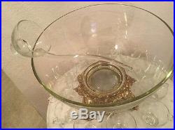 Vintage Pitman-Dreitzer 14 Pieces Crystal Punch Set. Bowl, 11 Cups, Ladle, Stand