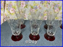 Vintage Ruby Base Etched Crystal Iced Tea Tumblers Set 6 Red Base Water Glasses