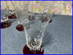 Vintage Ruby Base Etched Crystal Iced Tea Tumblers Set 6 Red Base Water Glasses