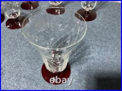 Vintage Ruby Base Etched Crystal Iced Tea Tumblers Set 6 Red Base Water Glasses