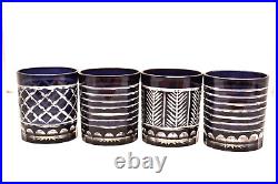 Vintage Set 4 Bohemian Czech Cut To Clear Crystal Tumblers Dark Blue Glasses