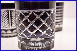 Vintage Set 4 Bohemian Czech Cut To Clear Crystal Tumblers Dark Blue Glasses