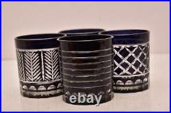 Vintage Set 4 Bohemian Czech Cut To Clear Crystal Tumblers Dark Blue Glasses