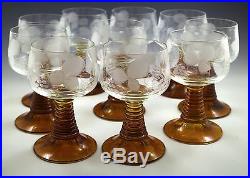 Vintage Set Of 10 Roemer Germany Rhine Wine Goblets, Amber Spiral Stem, Etched