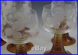 Vintage Set Of 10 Roemer Germany Rhine Wine Goblets, Amber Spiral Stem, Etched