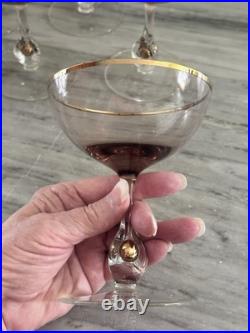Vintage Set Of 6 Jozef Stanik Crystal Gold Ball Stem Wine Glasses Czech
