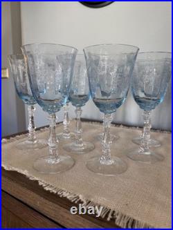 Vintage Set Of 8 Fostoria Navarre Blue Crystal Water Goblets