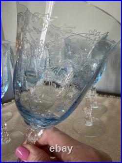 Vintage Set Of 8 Fostoria Navarre Blue Crystal Water Goblets