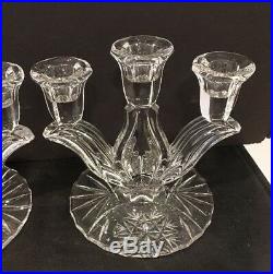 Vintage Set of 2 Cut Crystal 3 Arm Candle Holders Star Pattern Round Base MINT