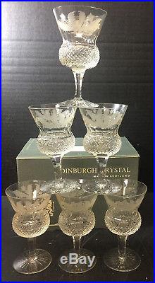 Vintage Set of (6) Edinburgh Thistle Etched Crystal Clarets 4.5 x 2.5 with Box
