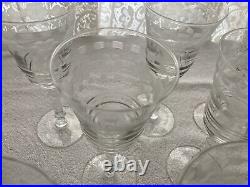 Vintage Set of 8 Crystal Mid Century Etched Floral Wine Stemmed Glassware 6oz
