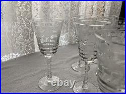 Vintage Set of 8 Crystal Mid Century Etched Floral Wine Stemmed Glassware 6oz
