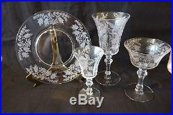 Vintage Tiffin FUSCHIA Optic Crystal Goblets & Dessert Plates Set 20 Pieces