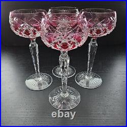 Vintage Val St Lambert Cranberry Cut To Clear Stemware Acid Etched Mark Set Of 4