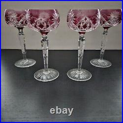 Vintage Val St Lambert Cranberry Cut To Clear Stemware Acid Etched Mark Set Of 4