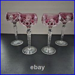 Vintage Val St Lambert Cranberry Cut To Clear Stemware Acid Etched Mark Set Of 4