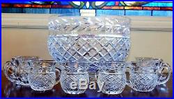 Vintage Waterford Crystal Punch Bowl Set & 13 Crystal Cups Mugs