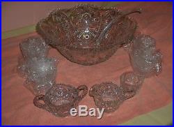 Vintage Whirling Star Pressed Glass Crystal Punch Bowl 14 Pc Set NICE