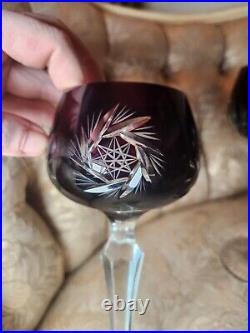 Vtg Bohemian Amethyst Purple Cut To Clear Crystal Wine Goblet Set Of 4