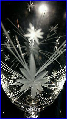 Vtg Crystal Glass Drink Set Wheel Cut Pitcher 6 Goblets Starburst Design