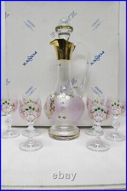 Vtg Ponyx Bohemia Glass Set 6 Glasses & DecanterCrystal Glass withEmbossed Gold
