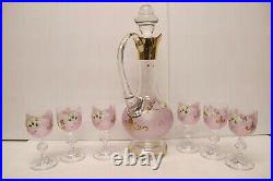 Vtg Ponyx Bohemia Glass Set 6 Glasses & DecanterCrystal Glass withEmbossed Gold
