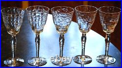 Vtg Set 5 MORGANTOWN Optic Wine/Cordial Glasses CUT FLORAL W CUT STEM & FOOT
