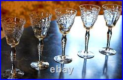 Vtg Set 5 MORGANTOWN Optic Wine/Cordial Glasses CUT FLORAL W CUT STEM & FOOT