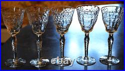 Vtg Set 5 MORGANTOWN Optic Wine/Cordial Glasses CUT FLORAL W CUT STEM & FOOT