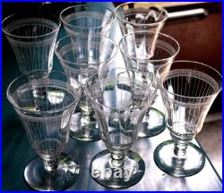 Vtg Set 8 MORGANTOWN NEEDLE ETCHED Wine Glasses OPTIC/VERTICAL STRIPES c1910