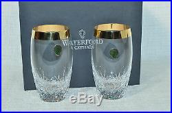 WATERFORD Crystal Lismore Essence Wide Gold Band Hi Ball Glass Set/2 NIB