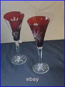 Waterford Crystal Set Of Two (2) Ruby Red Snowflake Wishes Wine Glasses