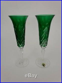 Waterford Set 2 Happy Holidays Emerald Green Crystal Champagne Flutes Cased Box