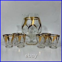 West Virginia Specialty Glass Clear Gold Pitcher and Tumbler 7 piece Set MCM Bar