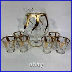 West Virginia Specialty Glass Clear Gold Pitcher and Tumbler 7 piece Set MCM Bar