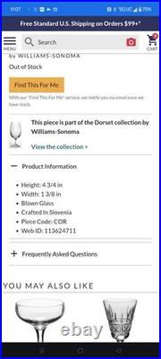 Williams Sonoma Crystal Stemware Dorset 4 3/4 Cordial Glass Set of 6
